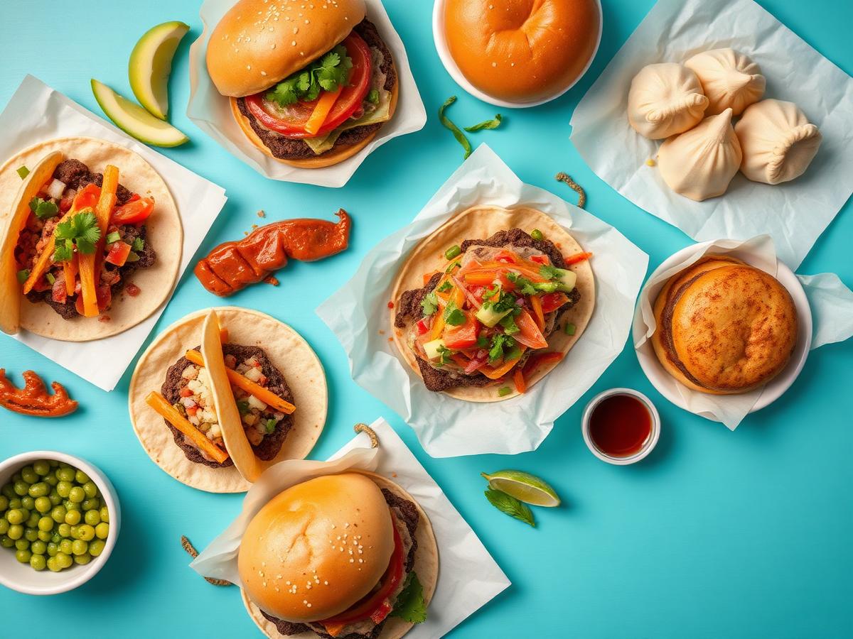 Colourful flat lay of street food: tacos, burgers, dumplings