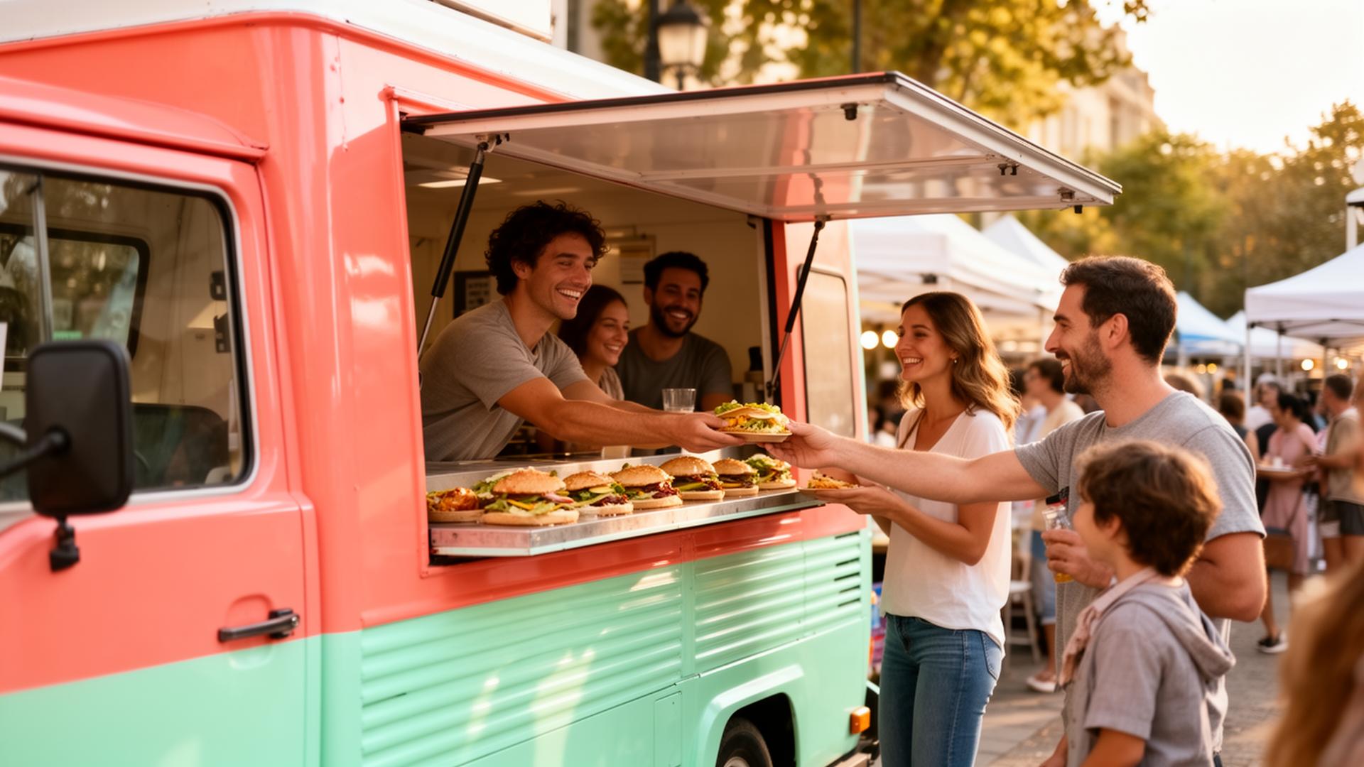 Customers being handed food from a coral and mint food truck at a sunny market